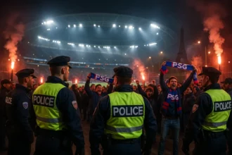 Des policiers dans un stade de football (image IA)