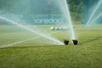 La pelouse d'un terrain de foot