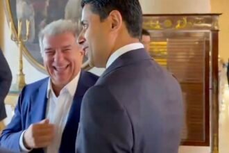 Joan Laporta président du FC Barcelone a été accueilli par Nasser Al-Khelaifi à la convention de l’European Football Clubs à Rome.