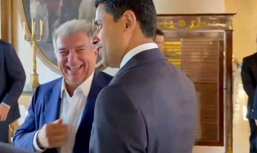 Joan Laporta président du FC Barcelone a été accueilli par Nasser Al-Khelaifi à la convention de l’European Football Clubs à Rome.
