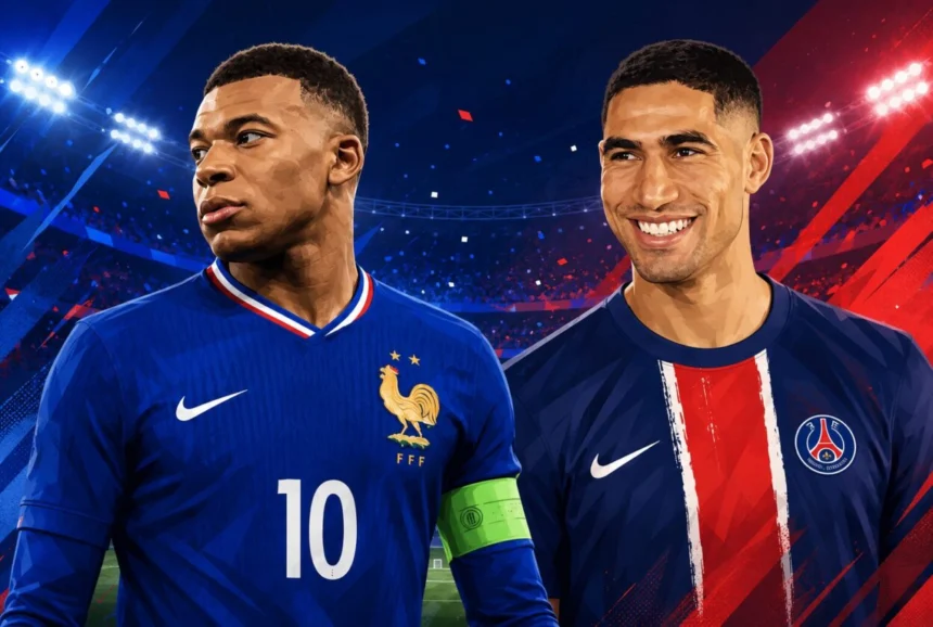 Mbappé et Hakimi (montage Kickfooball, photo FFF/PSG)